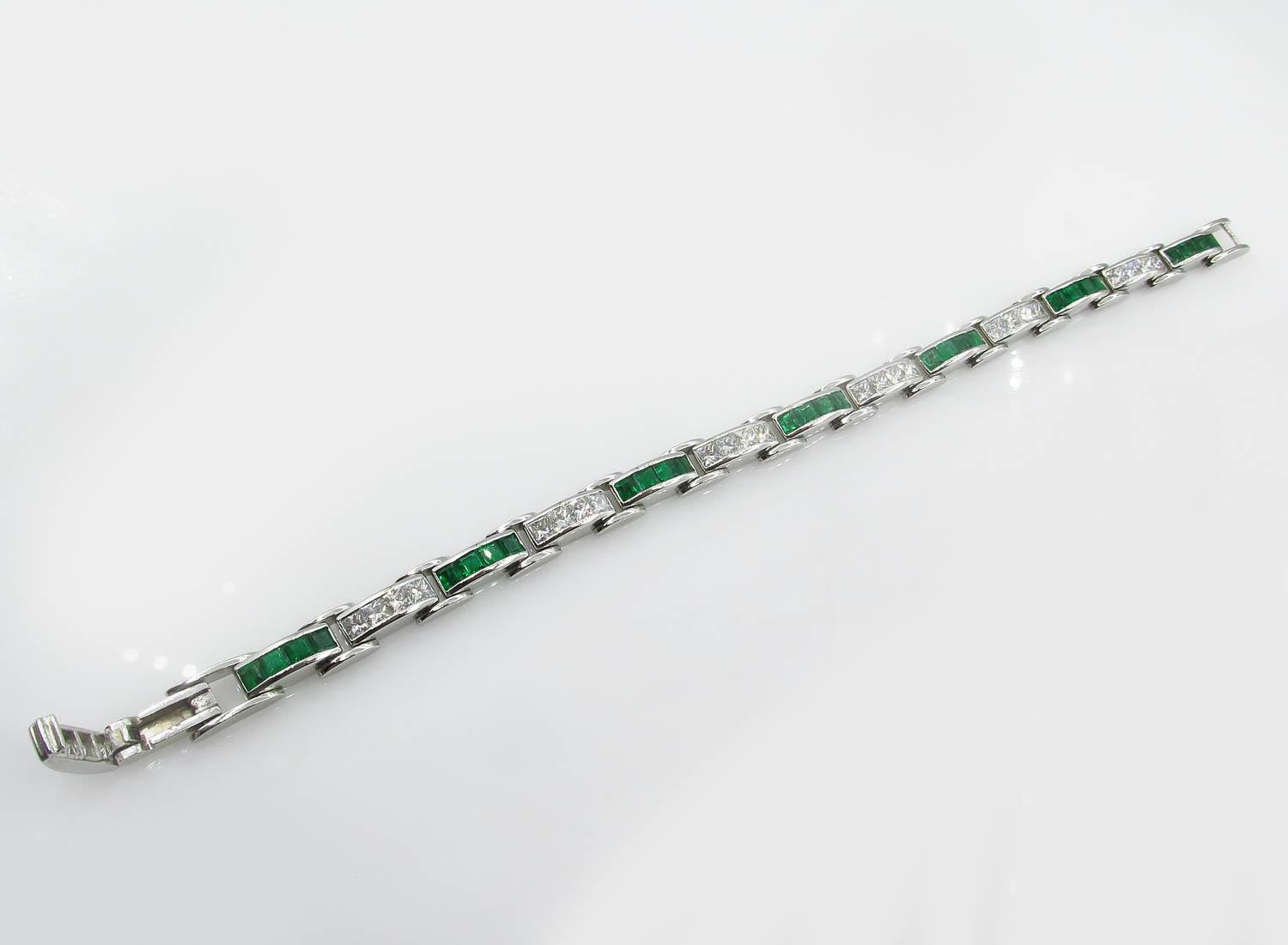 9.10 Carat Princess Diamond Green Emerald Tennis Channel Set Bracelet 3