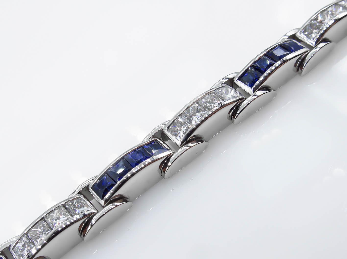 9.10 Carat Princess Diamond Sapphire Tennis Channel Set Bracelet Platinum 2