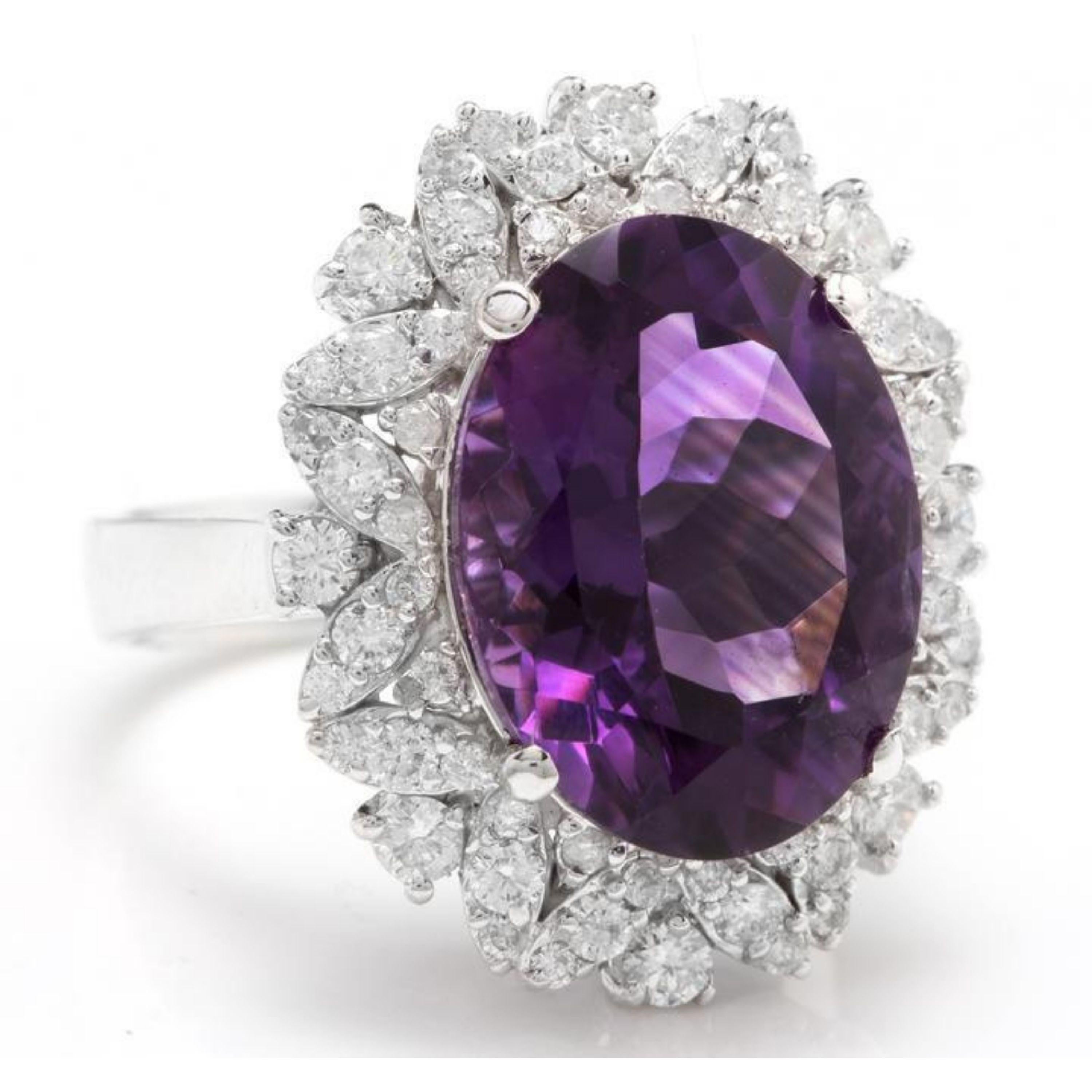 9.10 Carats Exquisite Natural Amethyst and Diamond 14K Solid White Gold Ring

Total Amethyst Weight is: Approx. 8.00 Carats

Amethyst Measures: Approx. 16.00 x 12.00mm

Natural Round Diamonds Weight: Approx. 1.10 Carats (color G-H / Clarity