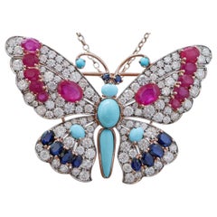 9.10 Ct Diamonds, Turquoise, Rubies, Sapphires, Rose Gold and Silver Brooch.