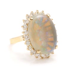 9.10 Ct Natural Impressive Australian Opal & Diamond 14K Solid Yellow Gold Ring