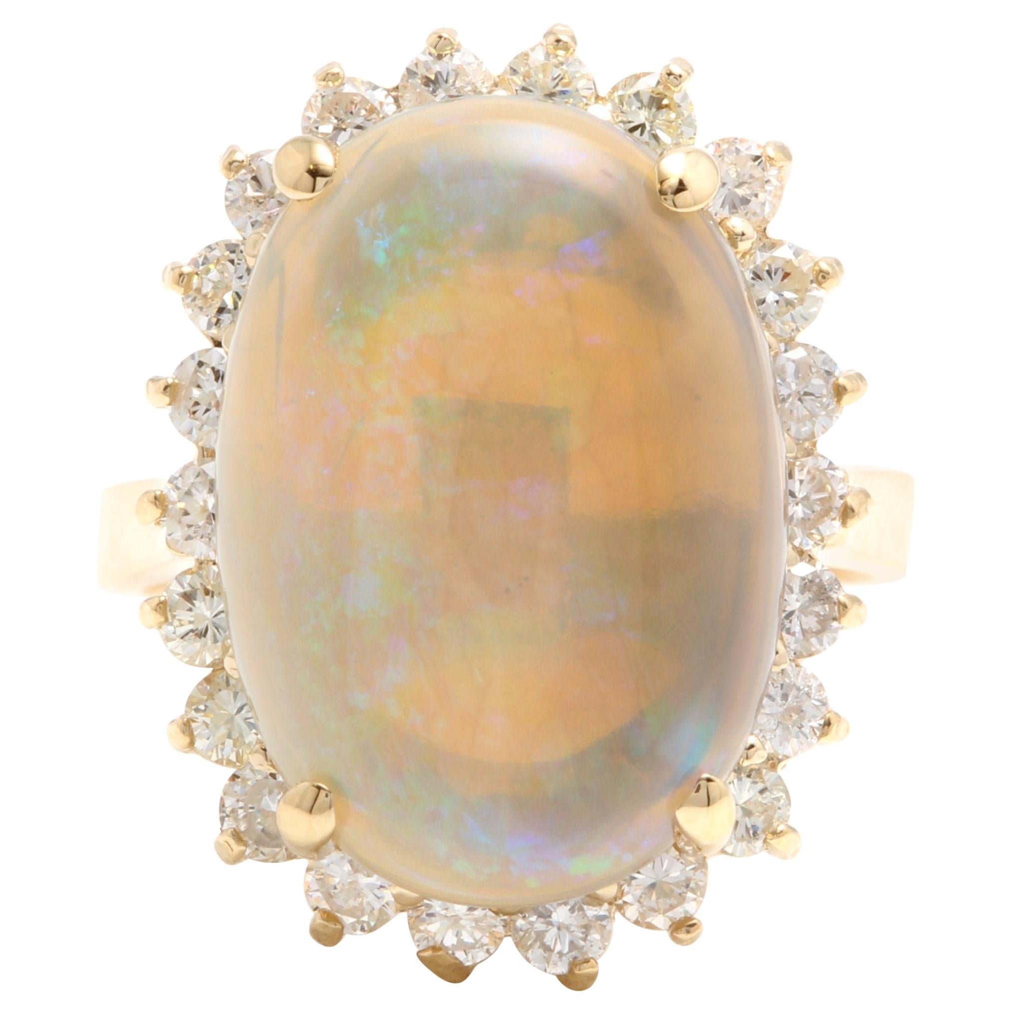 9.10 Ct Natural Impressive Australian Opal & Diamond 14K Solid Yellow Gold Ring