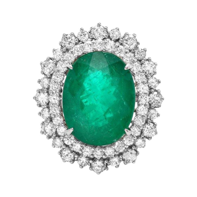 9.10ct Natural Emerald & Diamond 14k Solid White Gold Ring For Sale