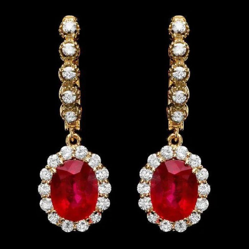 Taille mixte Boucles d'oreilles en or jaune massif 14K 9.10Ct Rubis Naturel et Diamant en vente