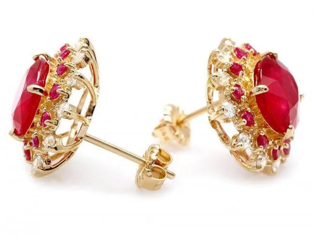 Mixed Cut 9.10Ct Natural Ruby and Diamond 14K Solid Yellow Gold Earrings For Sale