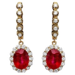 9.10Ct Natural Ruby and Diamond 14K Solid Yellow Gold Earrings