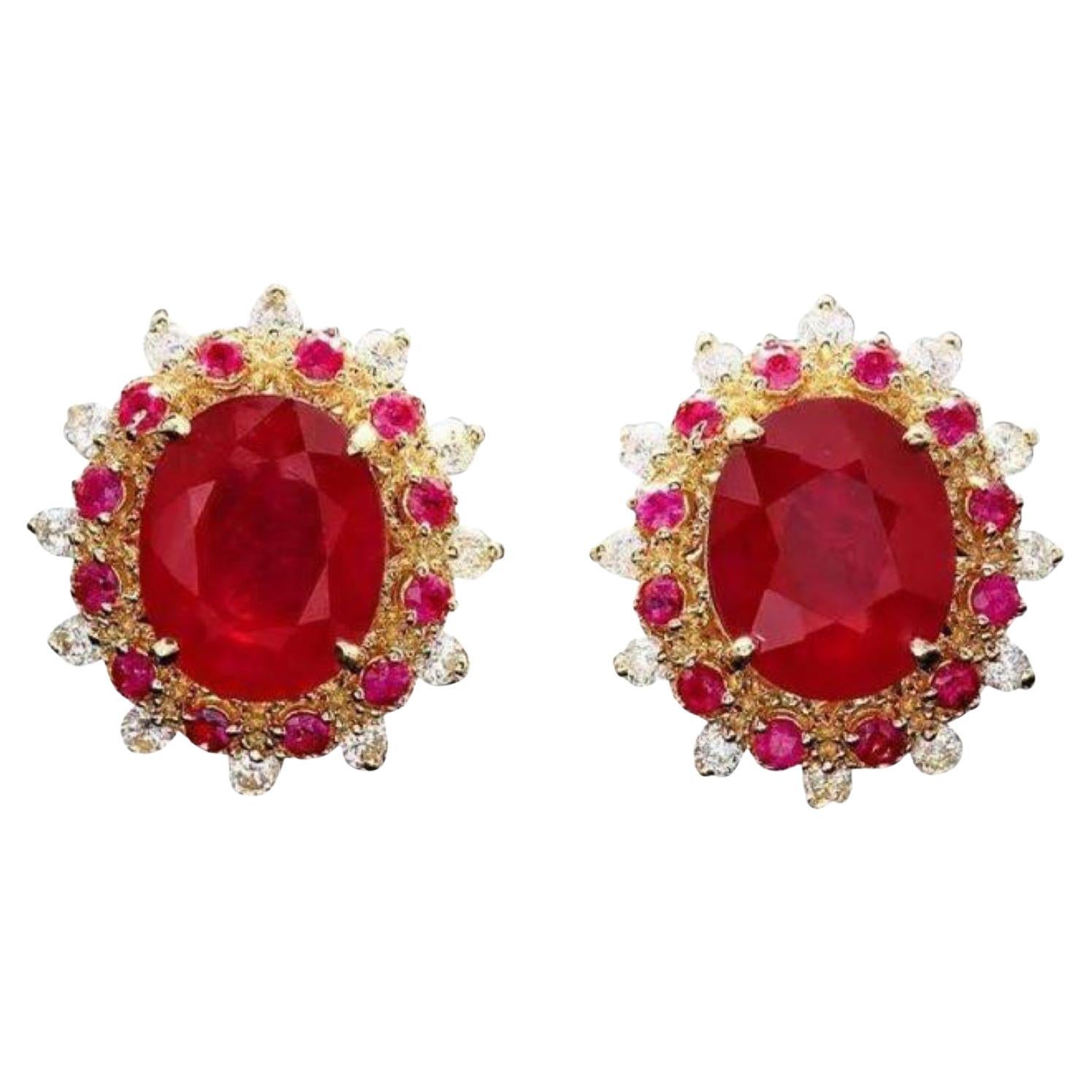 9.10Ct Natural Ruby and Diamond 14K Solid Yellow Gold Earrings For Sale