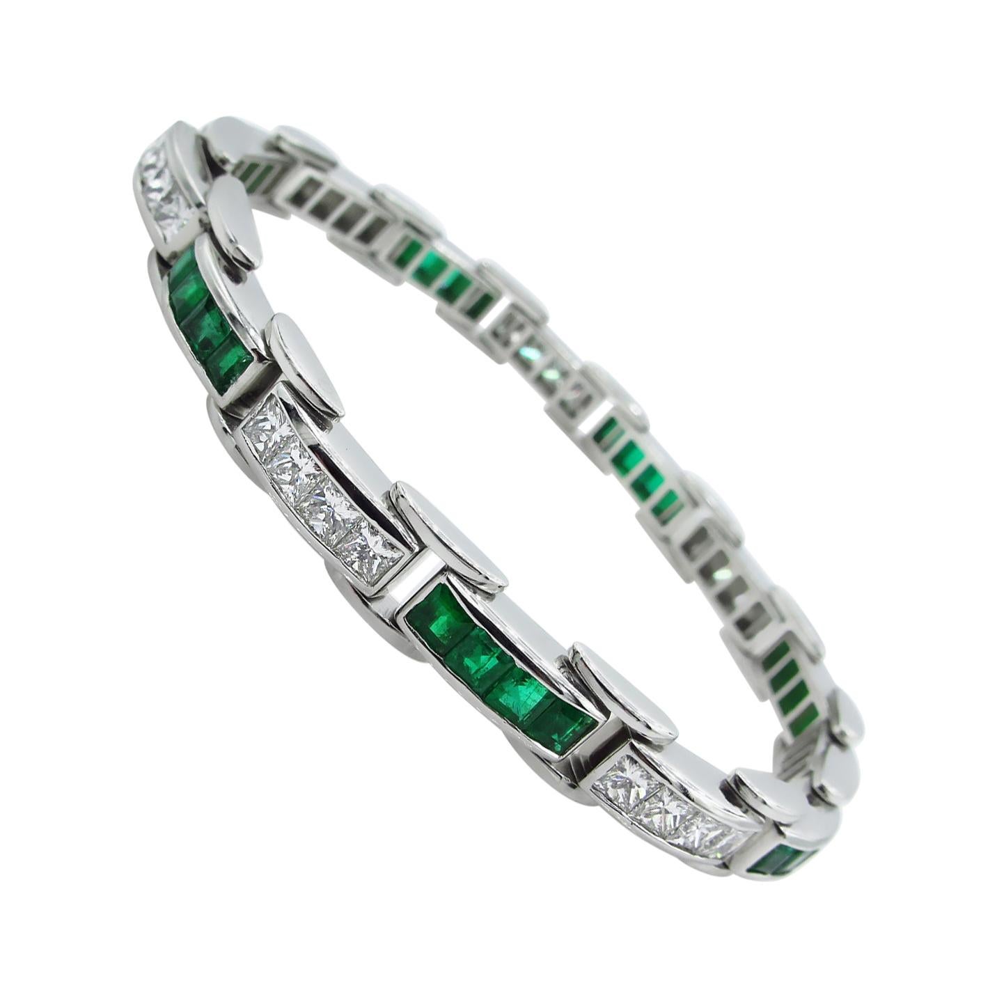 9.10 Carat Princess Diamond Green Emerald Tennis Channel Set Bracelet