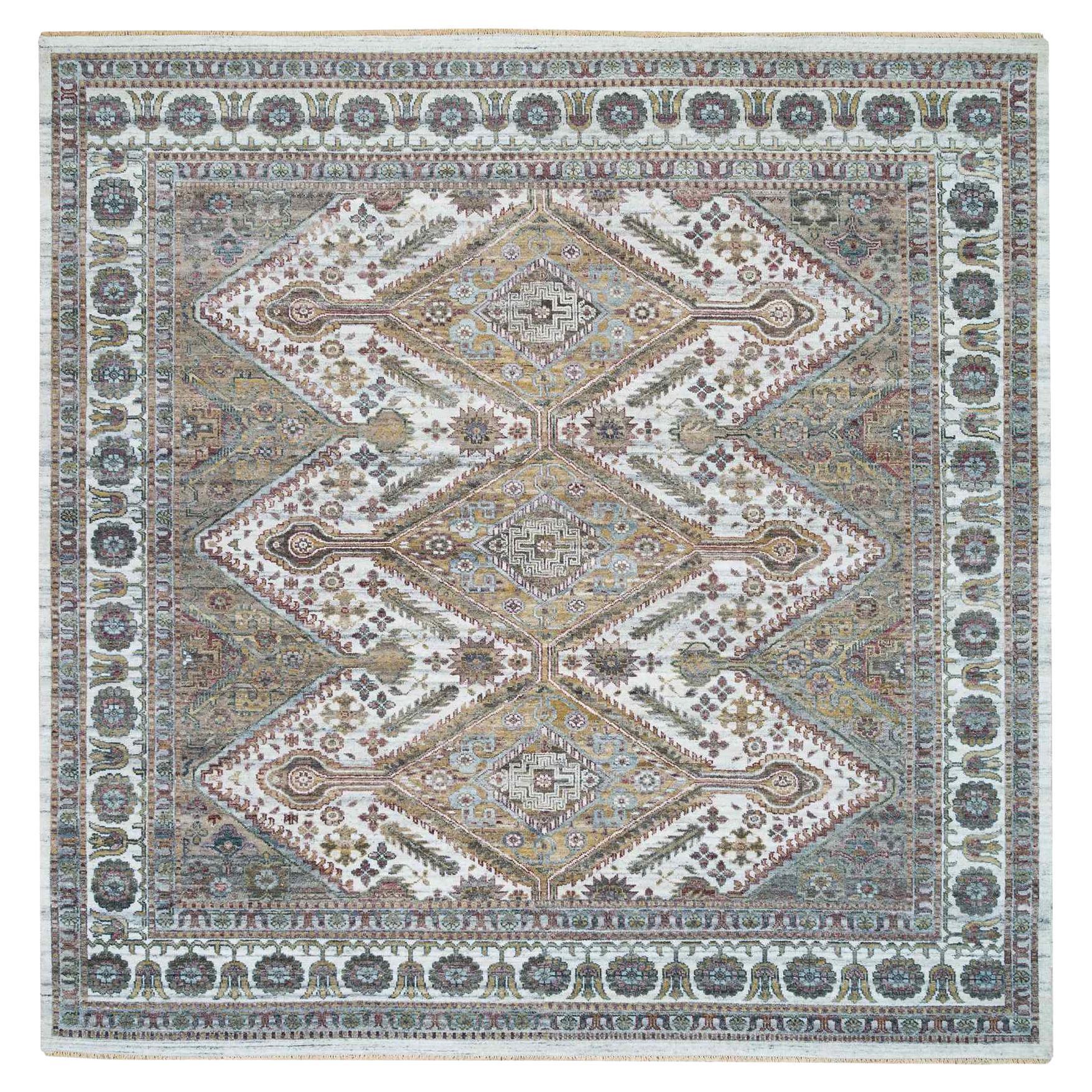 9'10"x10' Ivory Hand Knotted Shiraz Flower Rosettes Border Wool Oriental Rug