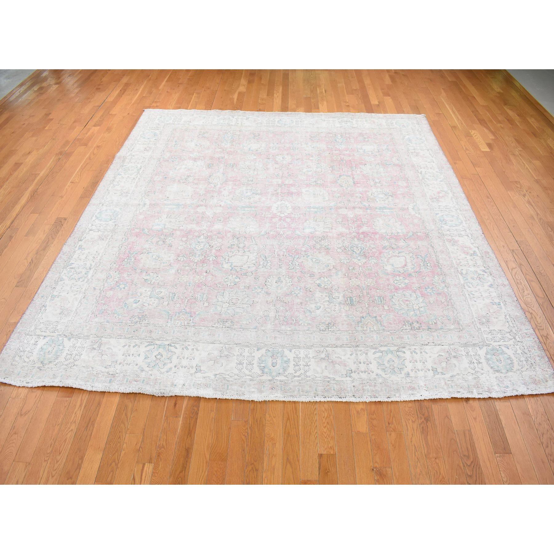 This is a truly genuine one-of-a-kind Baby Pink, Vintage Stone Wash Persian Tabriz All Over Design, Distressed Shaved Down, Worn Wool Hand Knotted, Square Oriental Rug. It has been Knotted for months and months in the centuries-old weaving