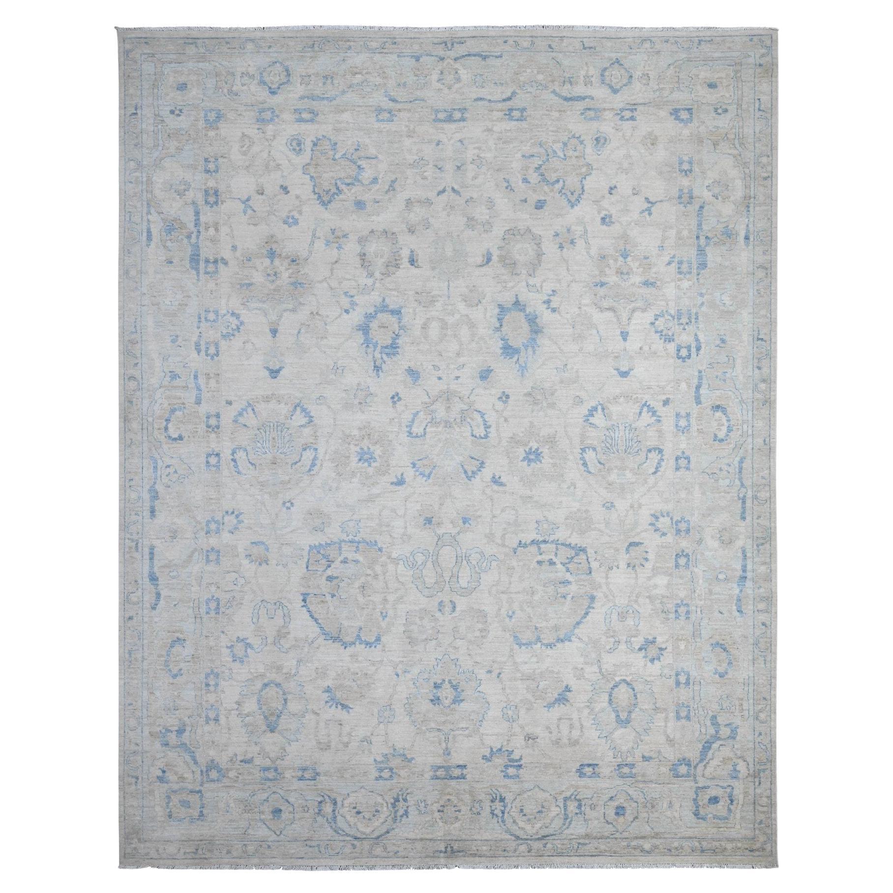 9'10"x12'4" Heron White Peshawar Mahal Design Hand Knotted Wool Oriental Rug For Sale