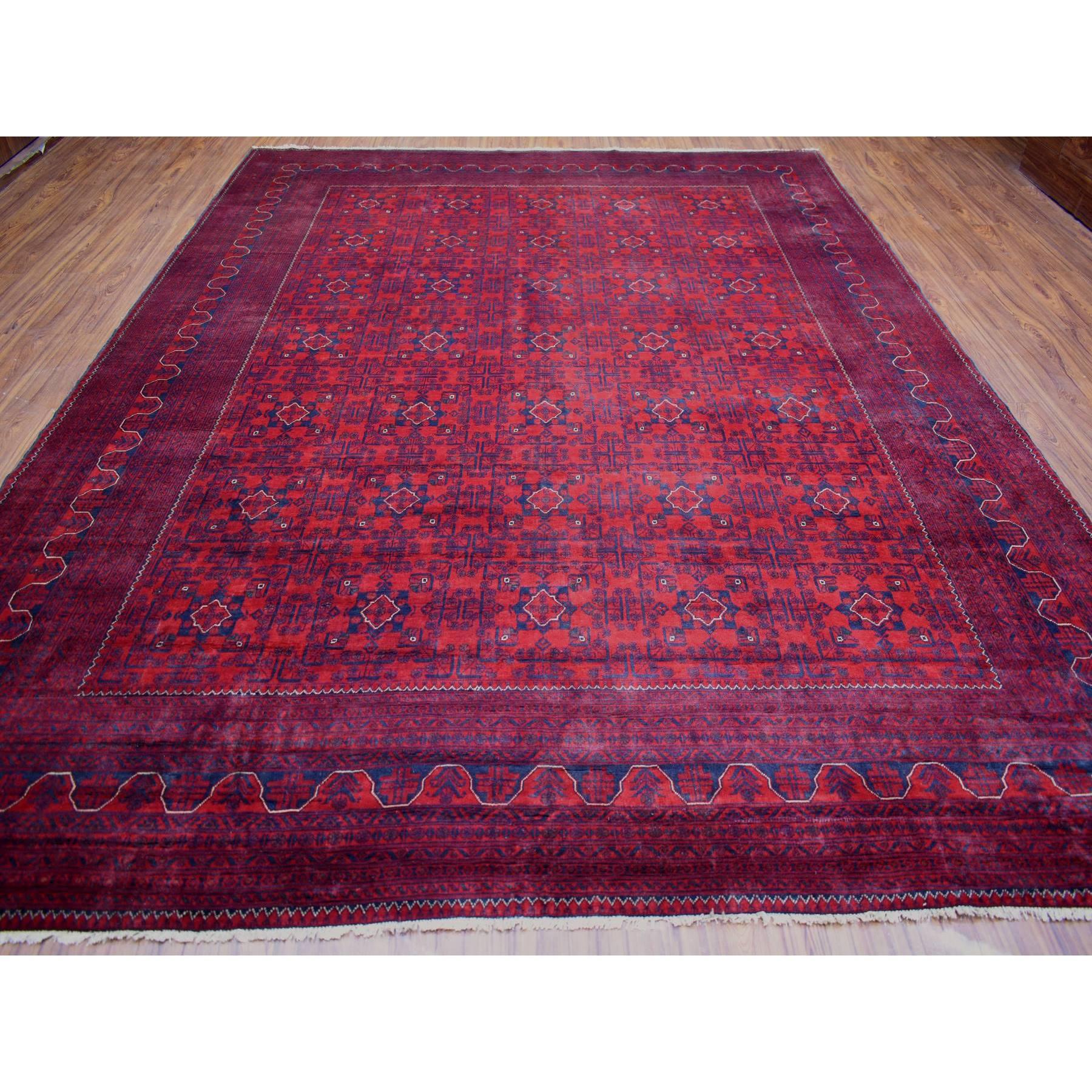 Tribal Tapis rouge afghan Khamyab noué à la main à motif géométrique 9'10
