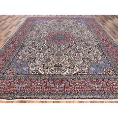 9'10"x12'7" Ivory Vintage Persian Kerman 100% Wool Hand Knotted Oriental Rug