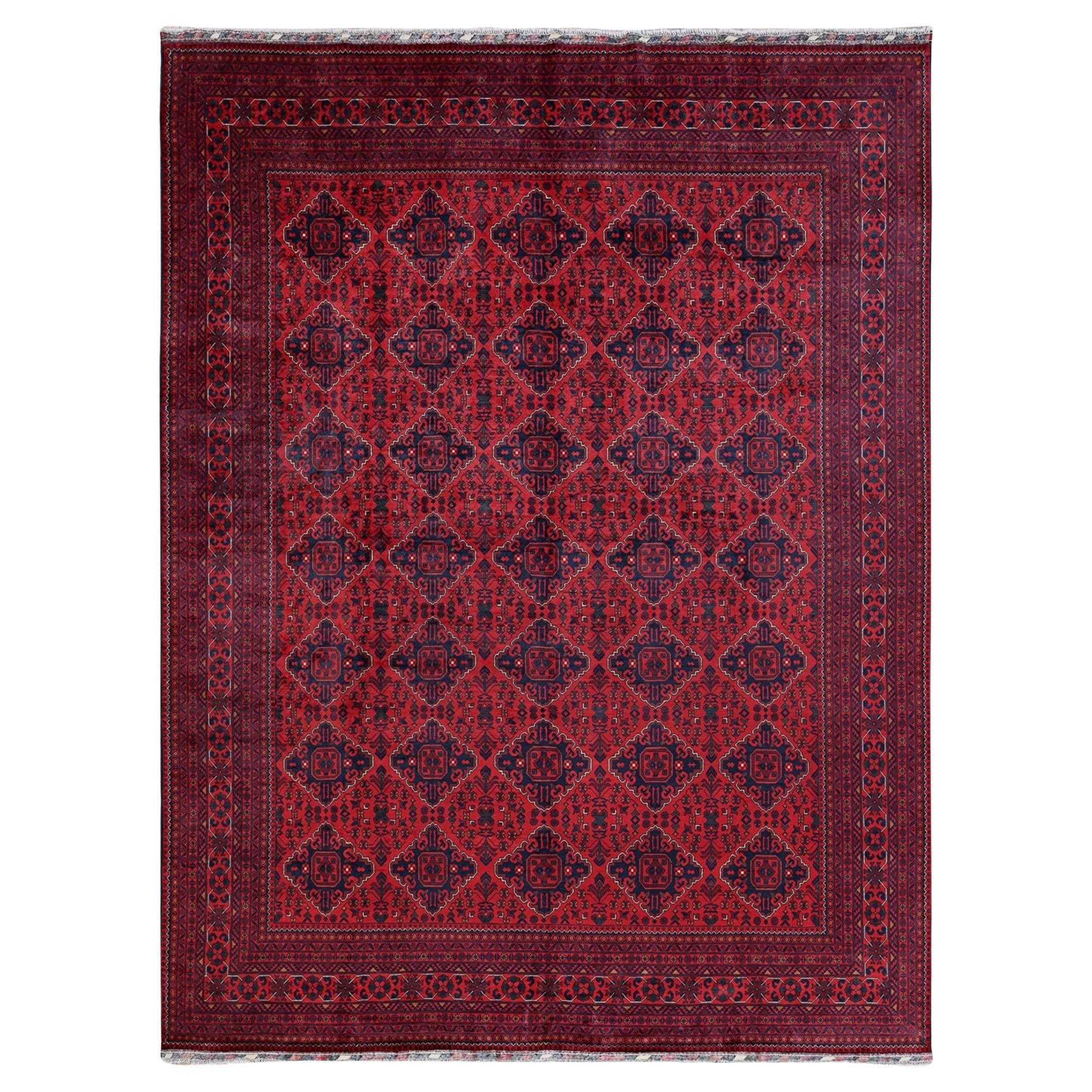 9'10 "x12'8" Tapis Afghan Khamyab rouge à motifs géométriques noué à la main en pure laine