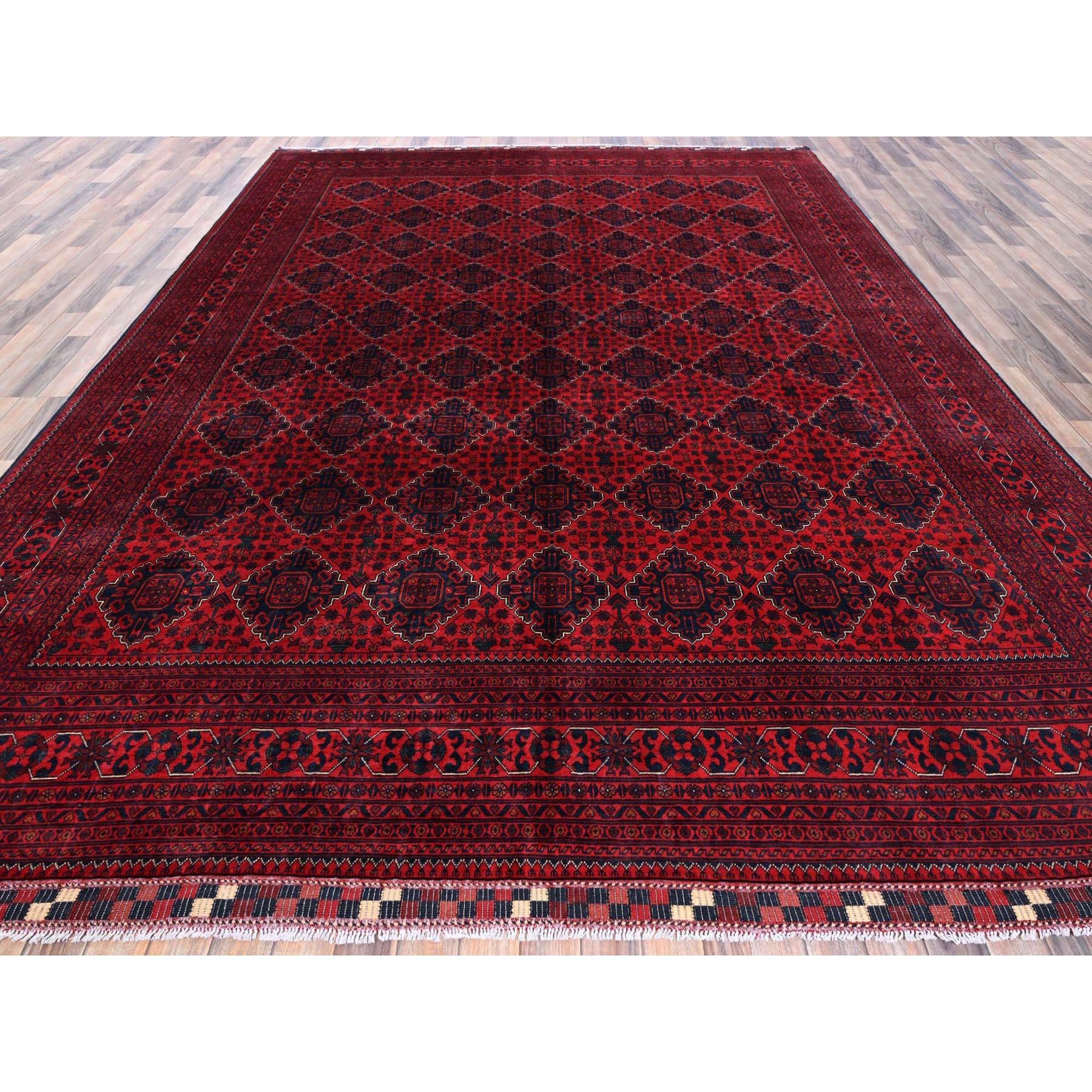Scarlet Red, Afghan Khamyab with Geometric Pattern, Hand Knotted, Soft and Velvety Wool, Vegetable Dyes, Oriental Rug
Primary materials: Wool
Latex: NoPile 
height: 0.25 Inches
Style: Traditional
Primary color: Red
Secondary colors: Midnight Blue,