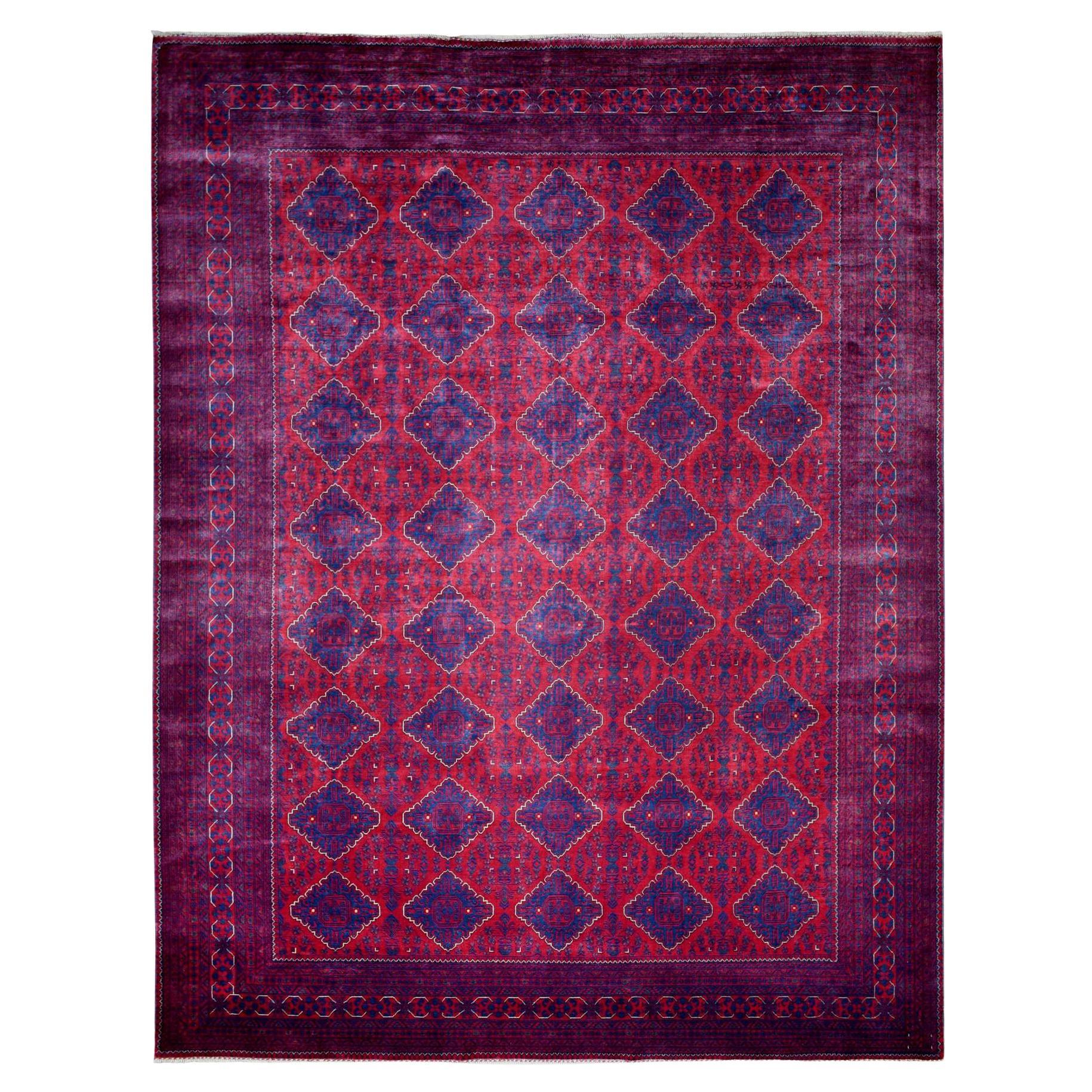 9'10"x13' Deep and Saturated Red, Soft Wool Hand Knotted, Afghan Khamyab Rug