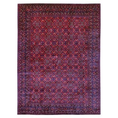 Tapis oriental rouge afghan Khamyab à motif géométrique noué à la main 9'10"x13'1"