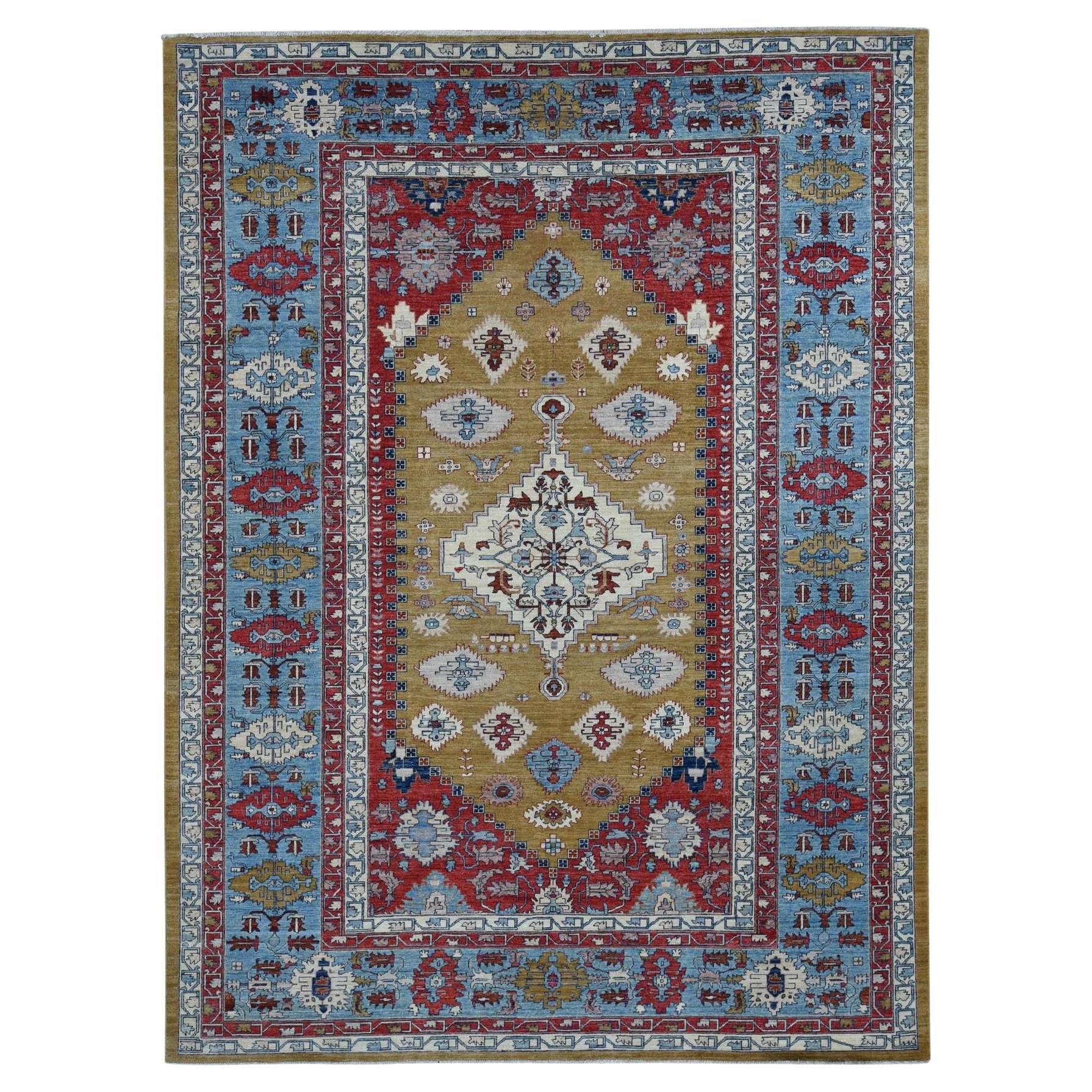 9'10"x13'10" Grüner handgeknüpfter Teppich aus reiner Wolle mit geometrischem Bakshaish-Design