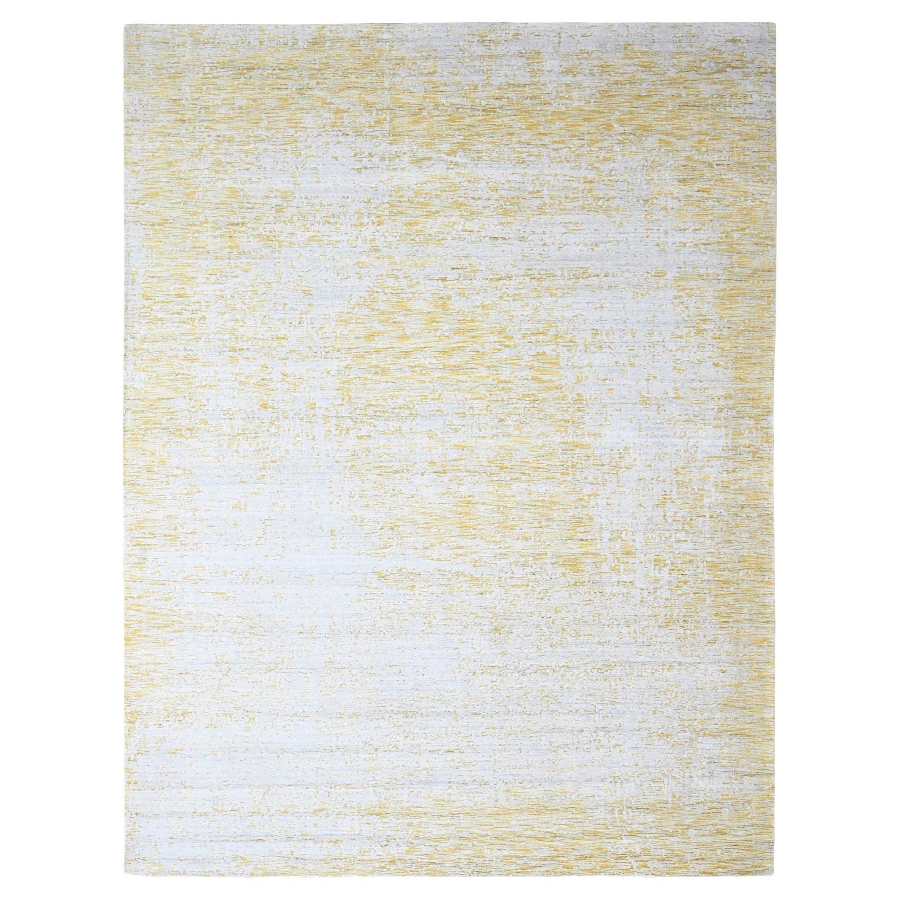 9
10 "x13
10" Tapis oriental en laine et soie végétale, tissé à la main, jaune macaron