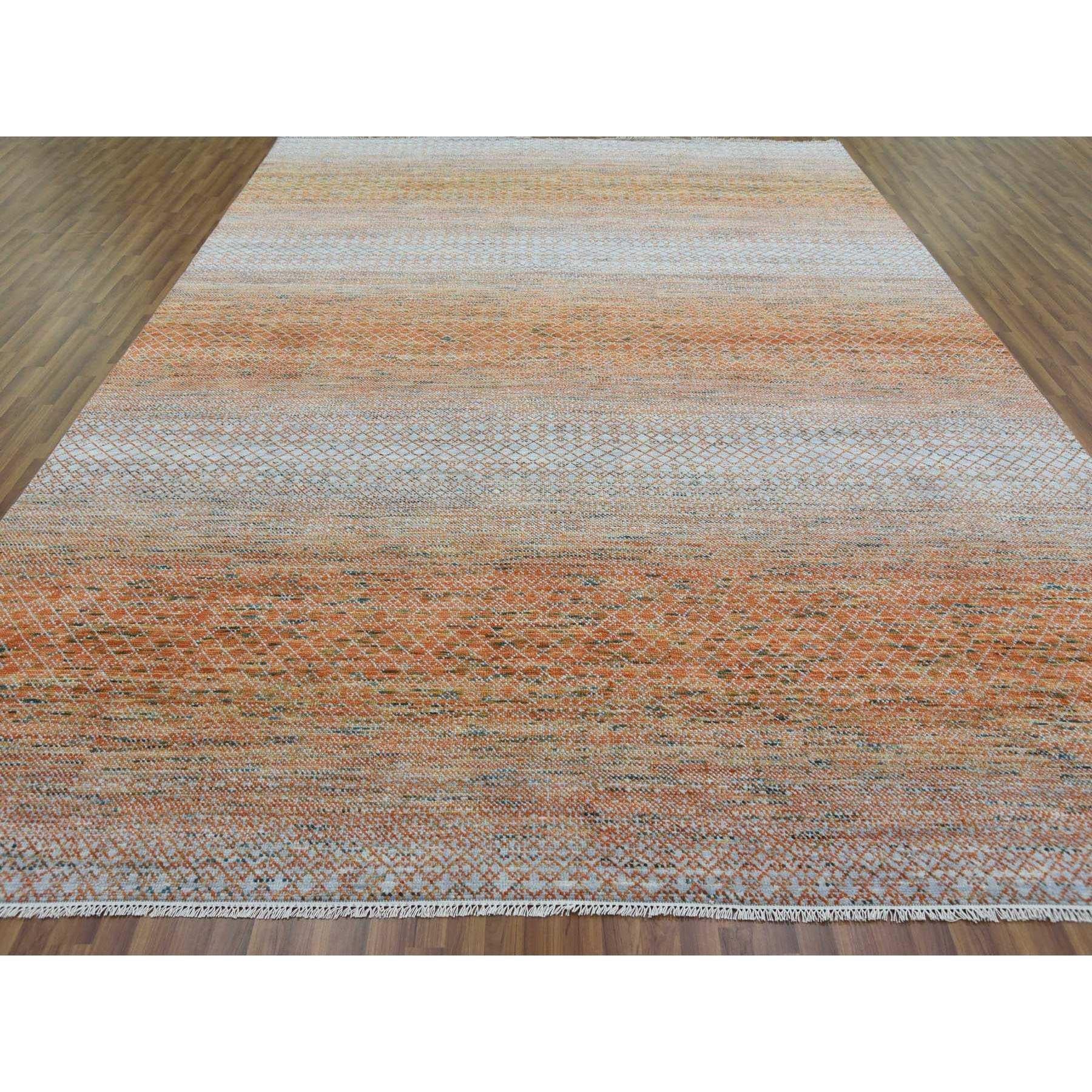 This is a truly genuine one-of-a-kind Orange, Hand Knotted Modern Chiaroscuro Collection, Thick and Plush Pure Wool, Oriental Rug. It has been Knotted for months and months in the centuries-old weaving craftsmanship techniques by expert