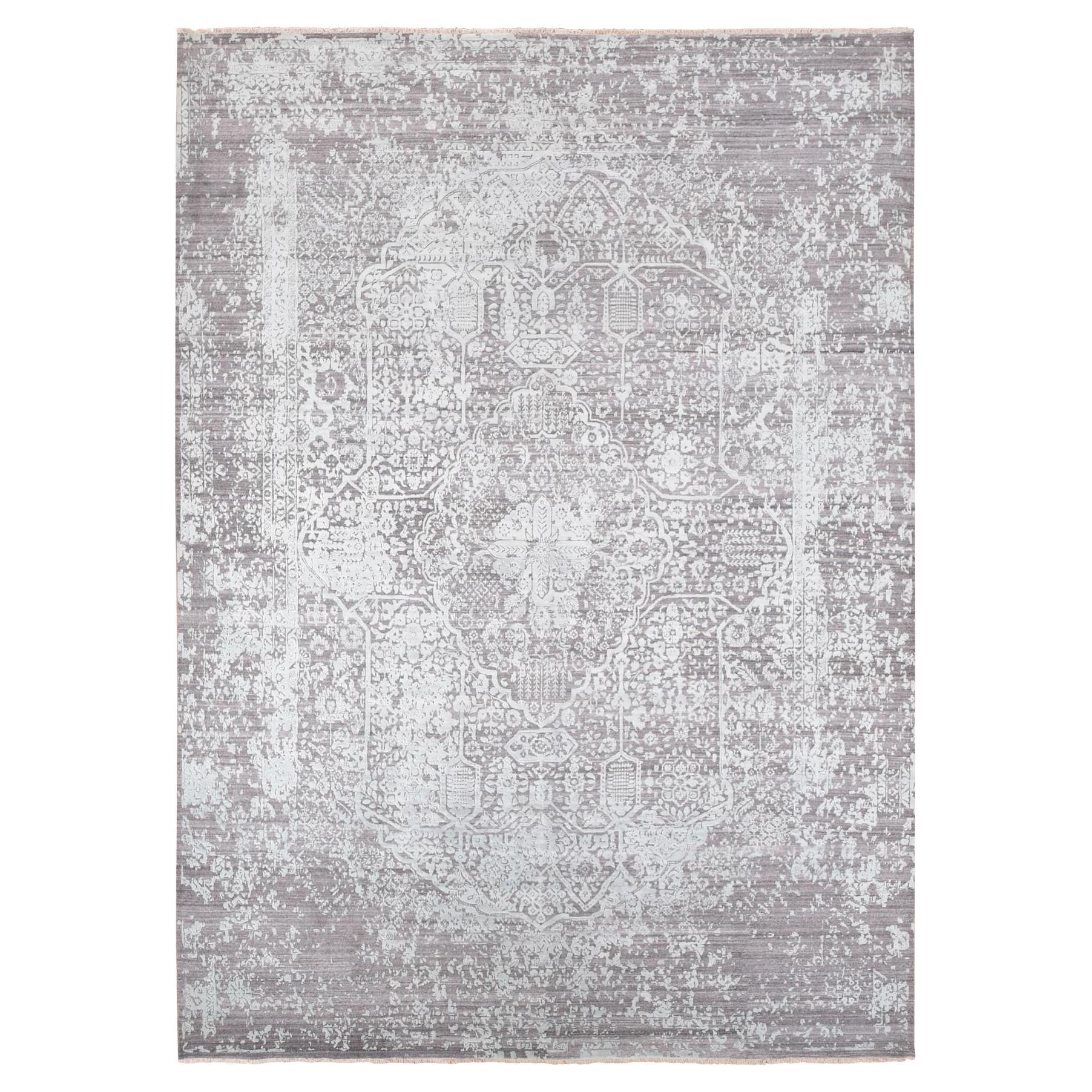9'10"x13'10" Seafoam Grüner handgeknüpfter Teppich aus Wolle und Seide mit persischem Design in Broken
