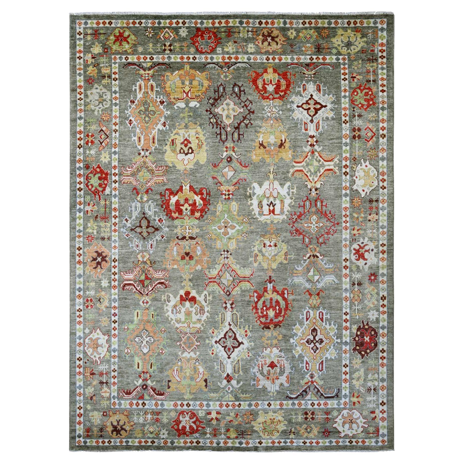 9'10"x13'3" Green Afghan Angora Oushak Leaf Design Hand Knotted Pure Wool Rug
