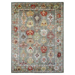 9'10"x13'3" Green Afghan Angora Oushak Leaf Design Hand Knotted Pure Wool Rug