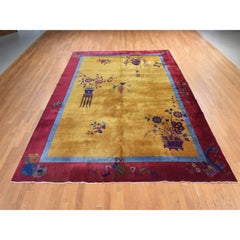 9'10"x13'5" Gold Color Antique Chinese Art Deco Hand Knotted Wool Oriental Rug