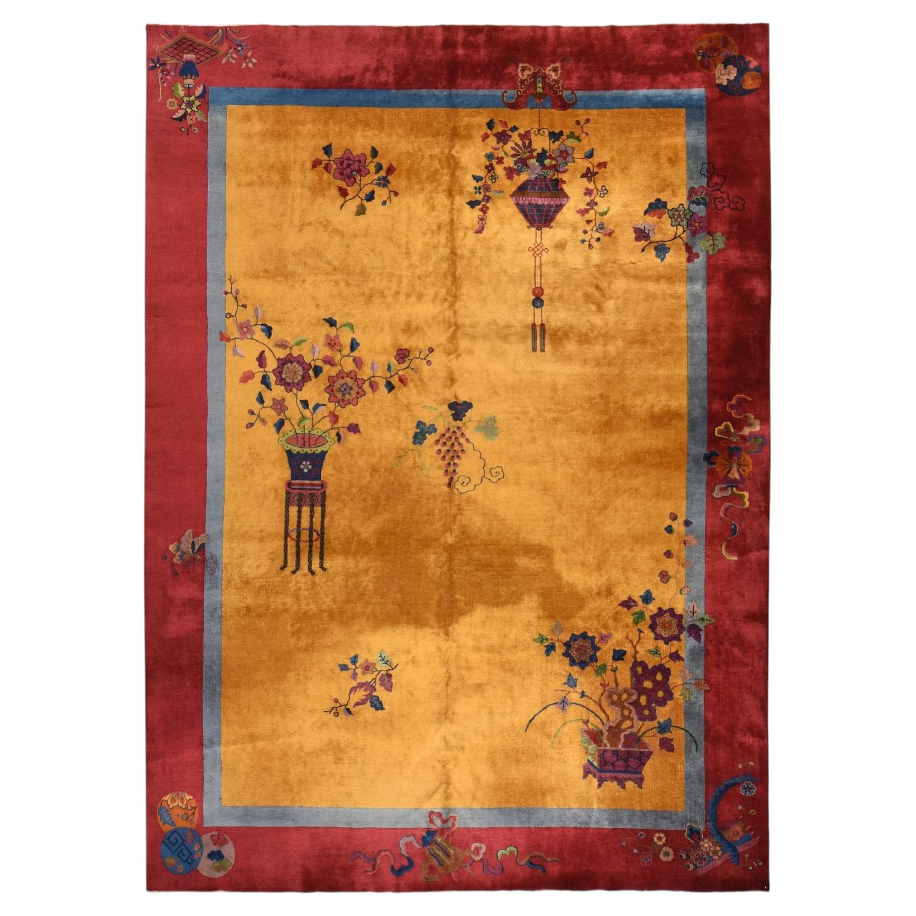9'10"x13'5" Gold Color Antique Chinese Art Deco Hand Knotted Wool Oriental Rug