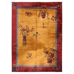 9'10"x13'5" Gold Color Antique Chinese Art Deco Hand Knotted Wool Oriental Rug