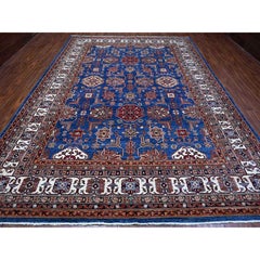9'10"x13'5" Periwinkle Blue Super Kazak Wool Hand Knotted Geometric Elements Rug