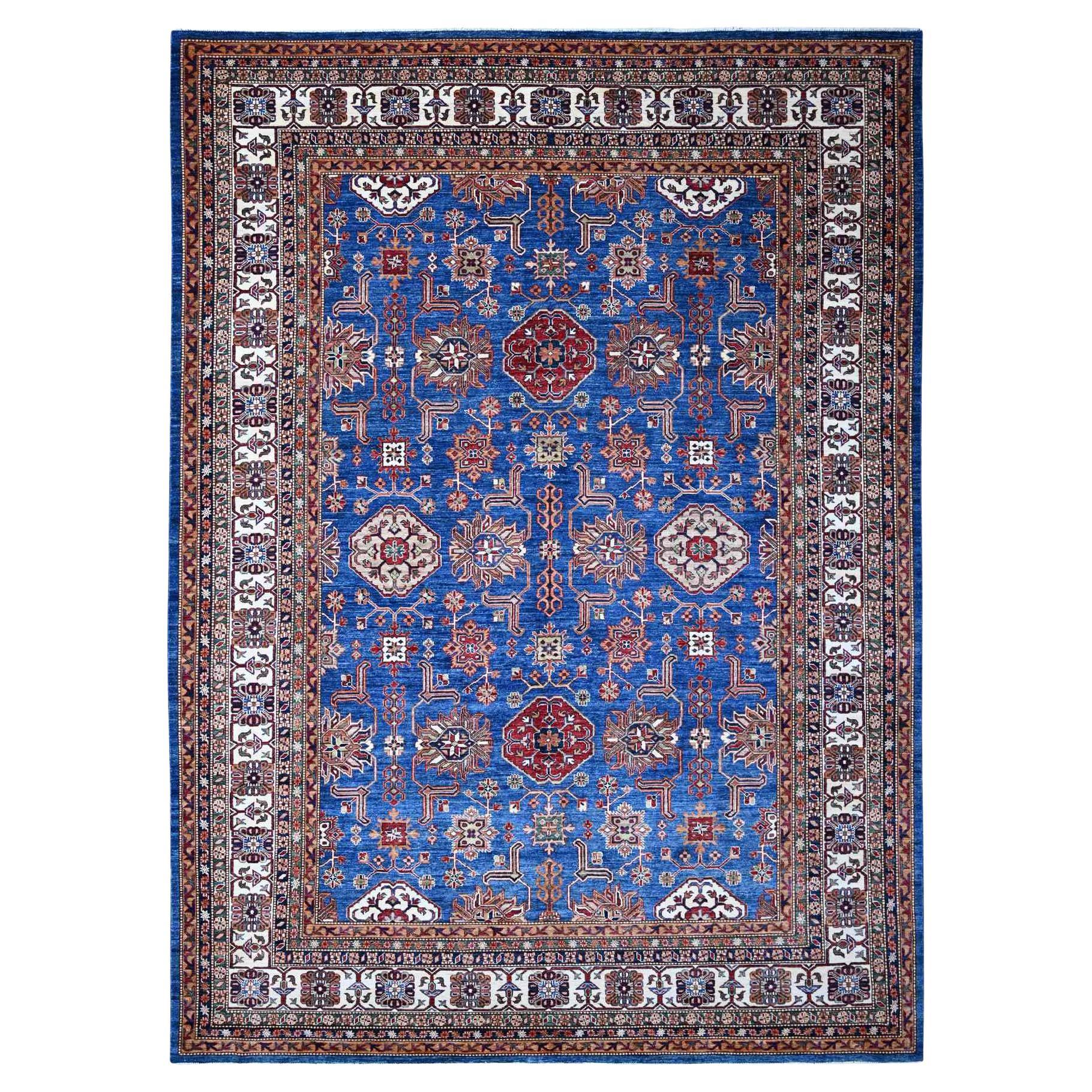 9'10"x13'5" Periwinkle Blue Super Kazak Wolle Handgeknüpfter Teppich mit geometrischen Elementen