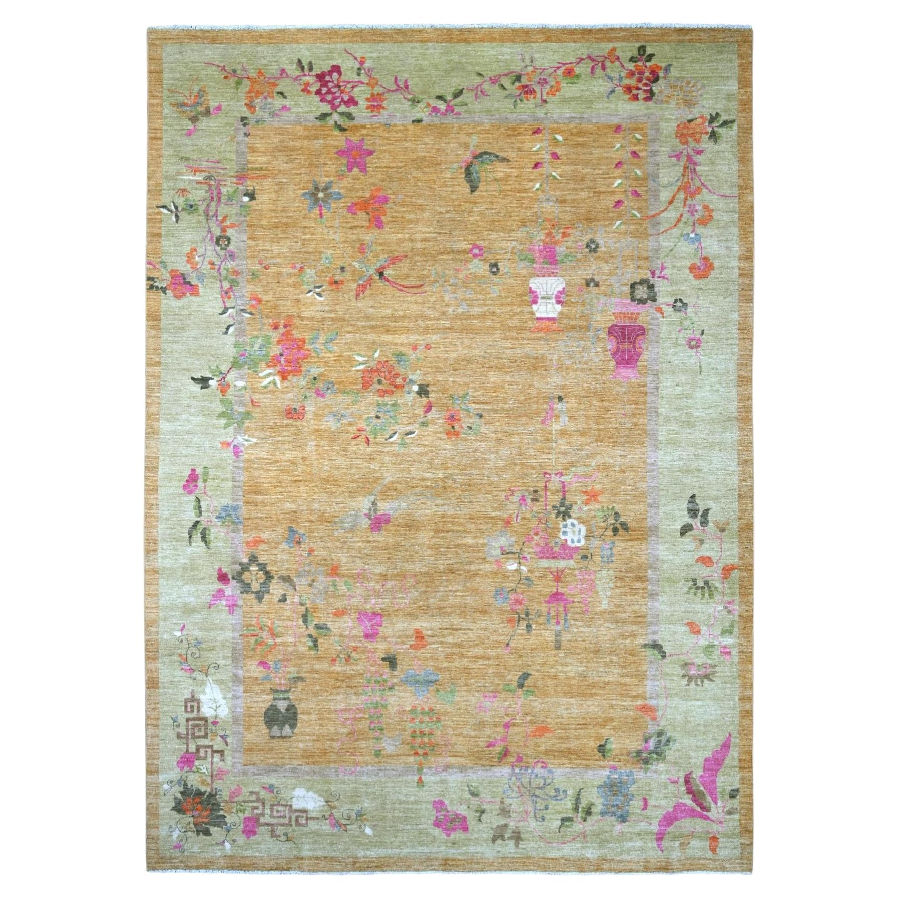 9'10 "x13'6" Brown Chinese Art Deco Inspired Peshawar Soft Wool Hand Knots Rugs en vente
