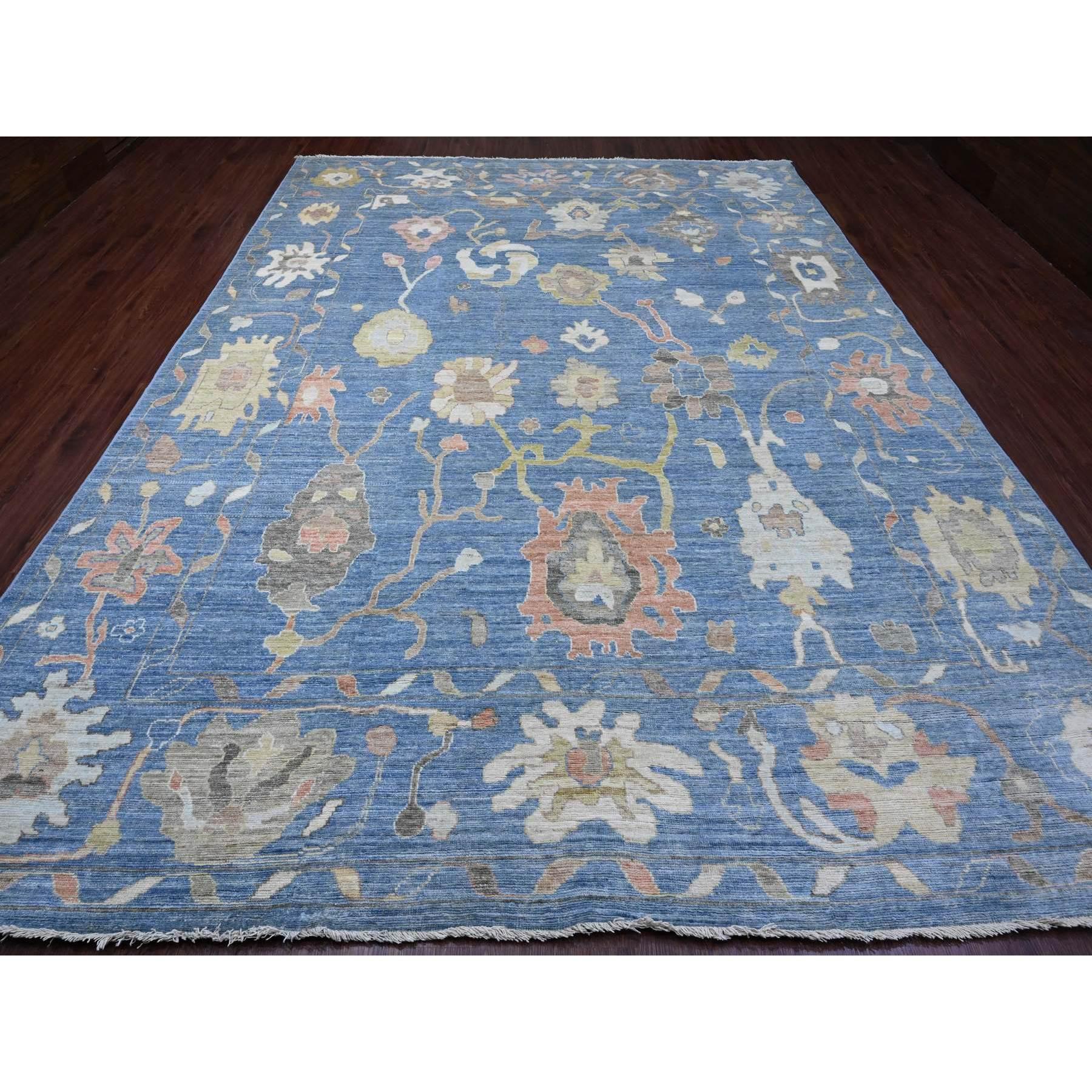 Bayern Blue, Hand Knotted, Afghan Angora Oushak with All Over Leaf Design, Veggie Dyes, 100% Wool, Oriental Rug
Primary materials: Wool
Latex: No Pile 
height: 0.25 Inches
Style: Transitional
Primary color: Blue
Secondary colors: Yellow, Orange,