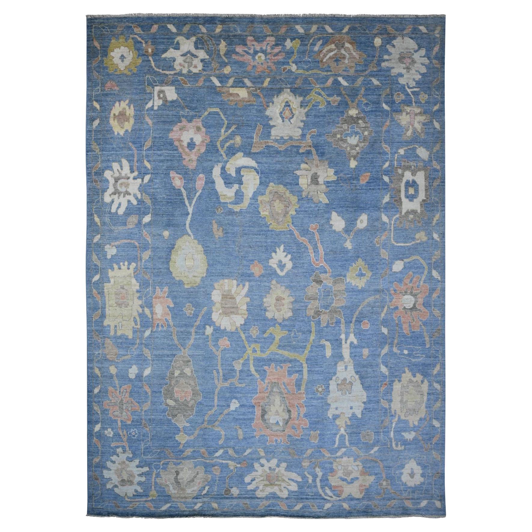 9'10"x13'7" Bayern Blue Hand Knotted Afghan Angora Oushak Pure Wool Oriental Rug For Sale