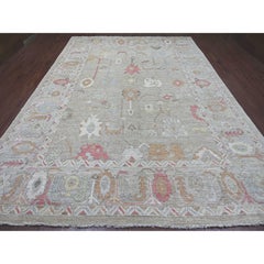 9'10"x13'7" Light Green Hand Knotted Angora Oushak Leaf Design Wool Oriental Rug