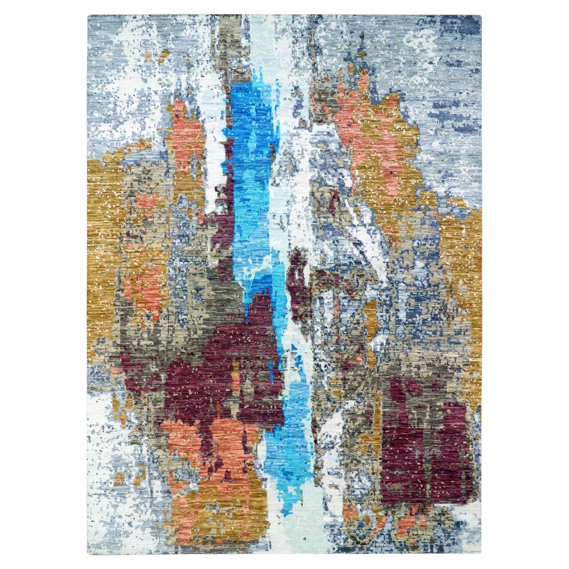 9'10"x13'8" gris, design abstrait moderne et coloré, 100 % laine, noué à la main, tapis