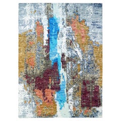 9'10"x13'8" gris, design abstrait moderne et coloré, 100 % laine, noué à la main, tapis