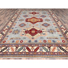 9'10"x13'8" Gray Hand Knotted Special Kazak Soft Wool Oriental Dense Weave Rug