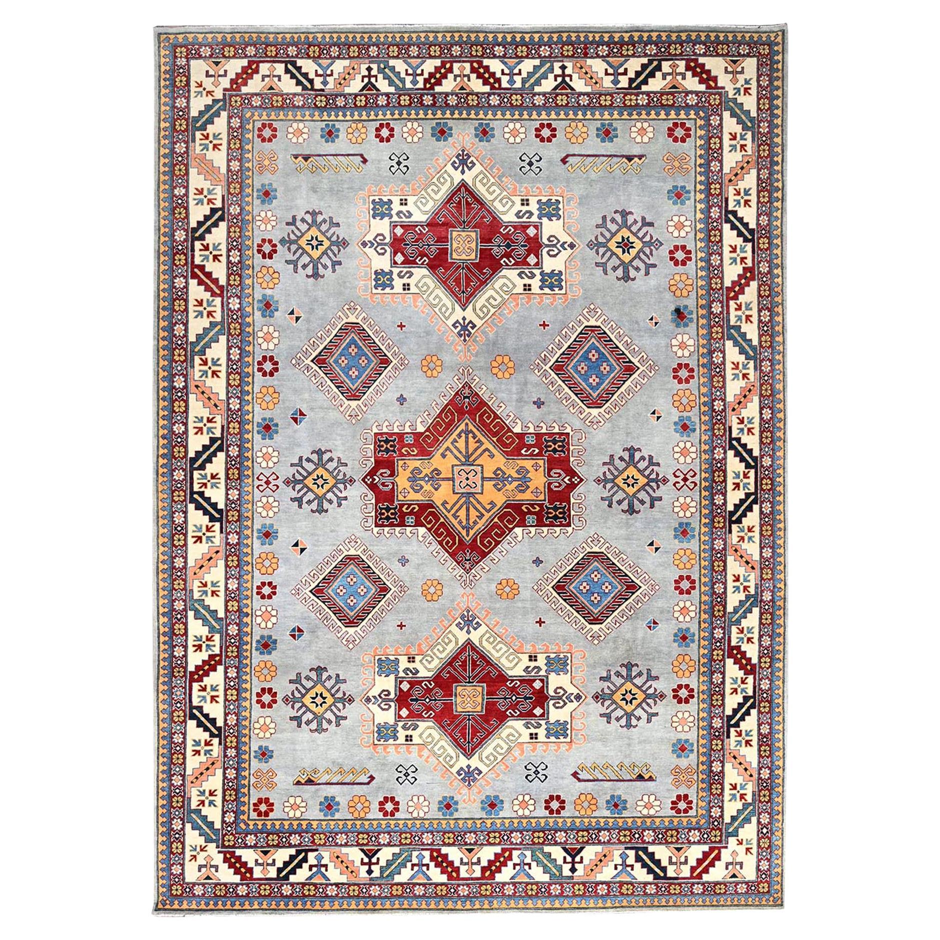 9'10"x13'8" Gray Hand Knotted Special Kazak Soft Wool Oriental Dense Weave Rug