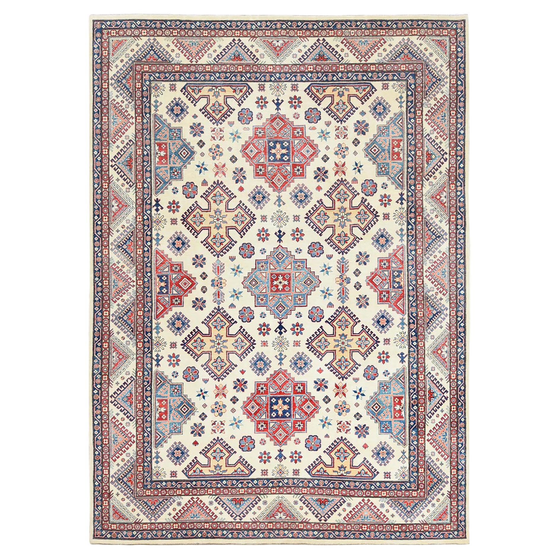 9'10"x13'8" Ivory Afghan Special Kazak Caucasian Design Hand Knotted Wool Rug For Sale