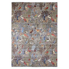 9'10"x13'9" Gray Hand Knotted Peshawar Birds of Paradise Design Wool Round Rug