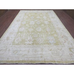 9'10"x13'9" Green Hand Knotted Afghan Angora Oushak with Leaf Design Wool Rug