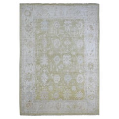 9'10"x13'9" Green Hand Knotted Afghan Angora Oushak with Leaf Design Wool Rug