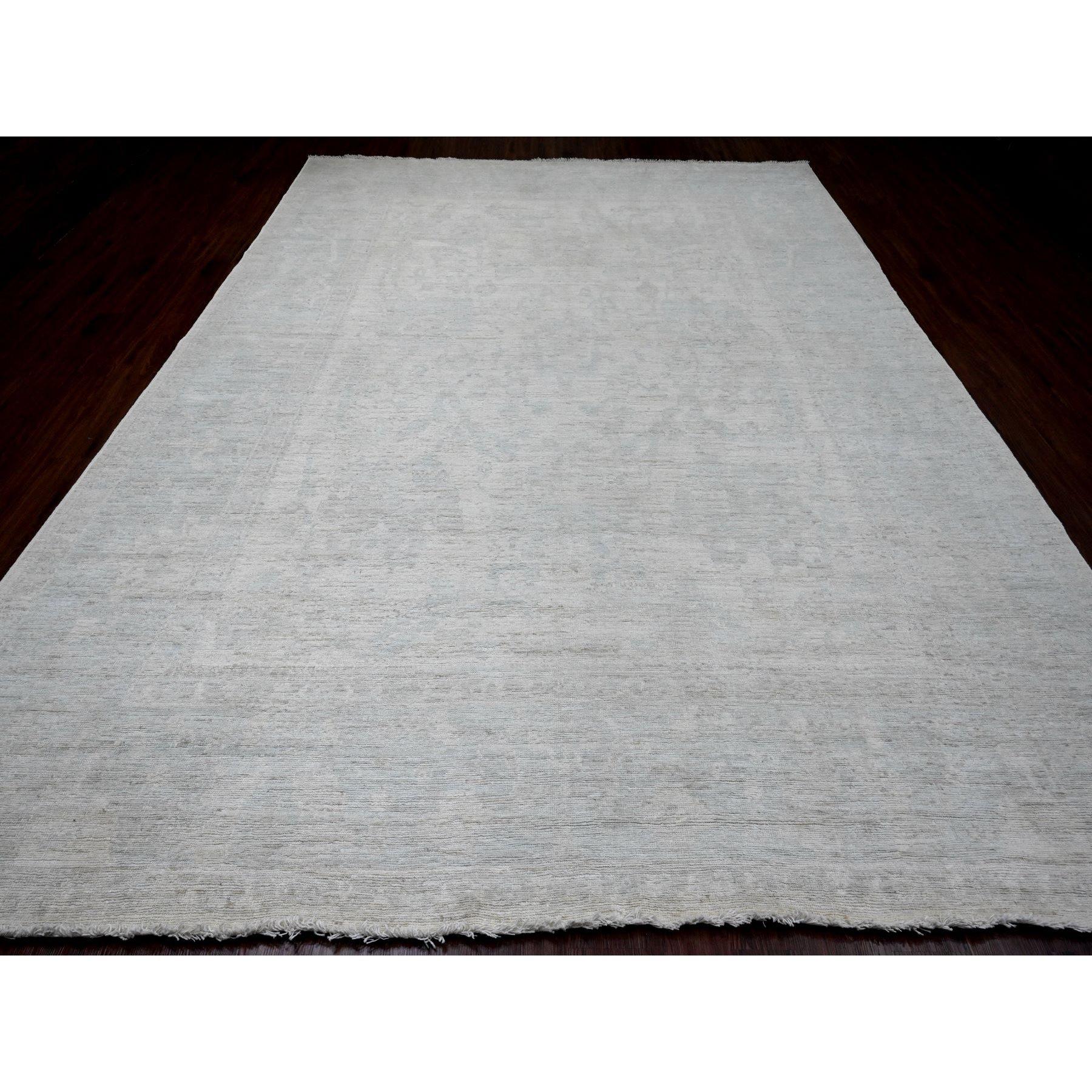 Pastel Gray, Afghan Angora Oushak with Large Leaf Design, Veggie Dyes, Hand Knotted, Pure Wool, Oriental Rug
Primary materials: Wool 
Latex: No Pile 
height: 0.25 Inches
Style: Transitional
Primary color: Grey
Secondary colors: Blue, Brown
Pattern: