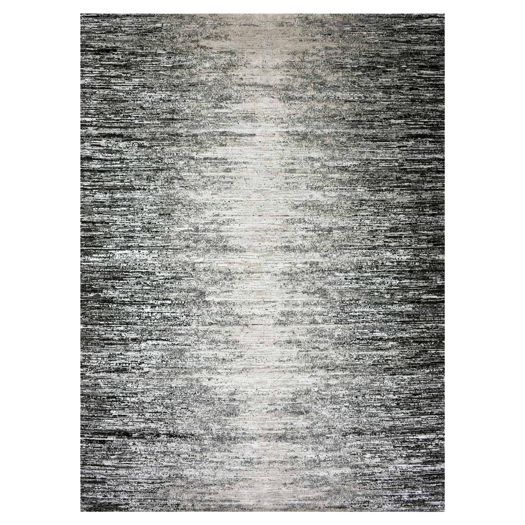 9'10"x14' Caviar Gray Hand Knotted Modern Striae Design Wool Silk Oriental Rug