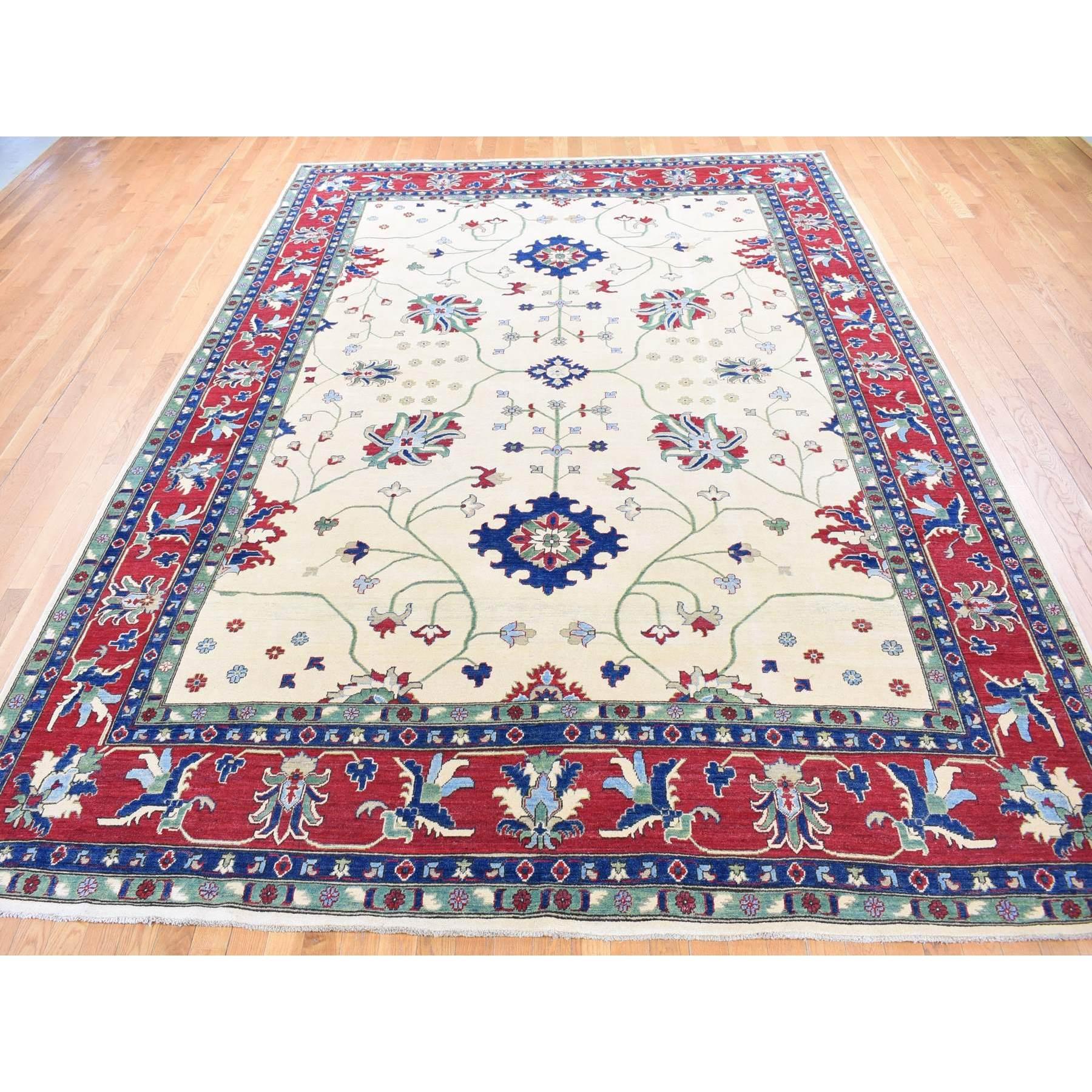 Cream Color, Hand Knotted Kazak with All Over Leaf and Vines Pattern, Pure Wool Oriental Rug
Primary materials: Wool
Latex: No Pile 
height: 0.25 Inches
Style: Transitional
Primary color: Ivory
Secondary colors: Green, Blue, Taupe
Pattern: Oriental