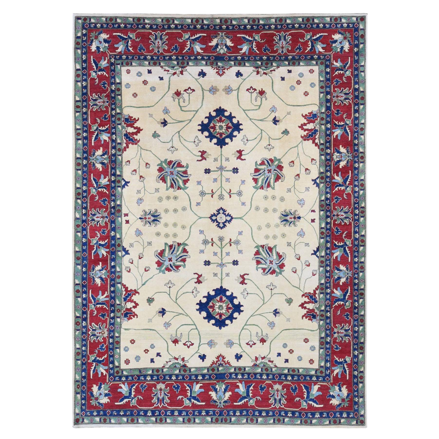 9'10"x14' Cream Color, Hand Knotted Kazak with All Over Leaf Pattern, Wool Rug For Sale