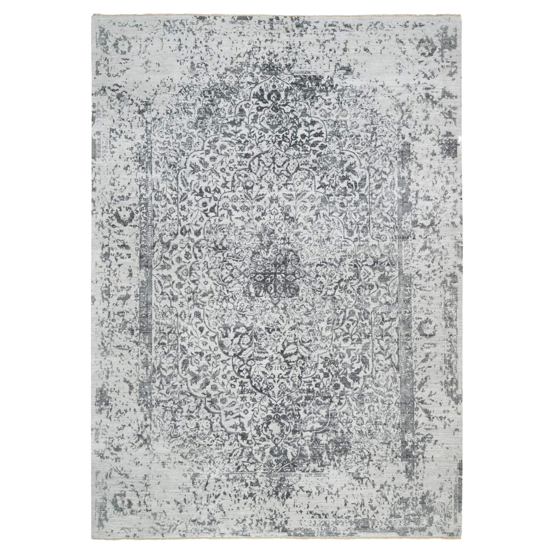 9'10 "x14' Grau, Handgeknüpftes gebrochenes persisches Design, Wolle und reine Seide, Teppich