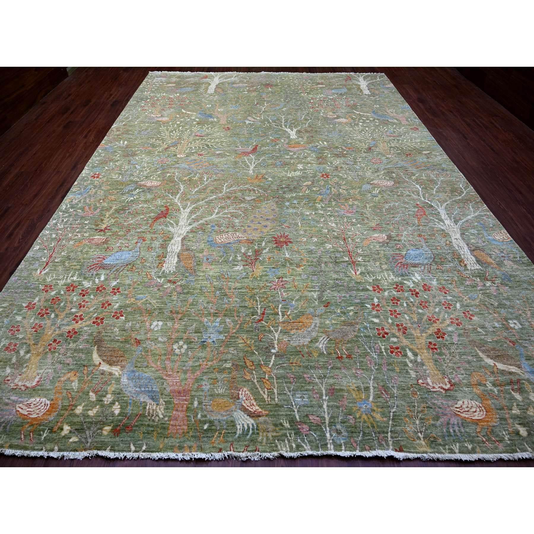 Hunter Green, Hand Knotted, Afghan Peshawar with Colorful Birds of Paradise Design, Soft Wool, Natural Dyes, Oriental Rug
Primary materials: Wool
Latex: No Pile 
height: 0.25 Inches
Style: Transitional
Primary color: Green
Secondary colors: Ivory,